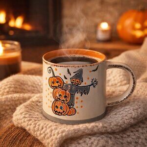 Eli & Ana Scarecrow Pumpkin Ceramic Mug Hand Painted Halloween 16 Ounce